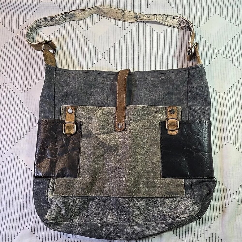 Mona B Distressed Fabric and Leather Boho Industrial Handbag Tote Black Grey